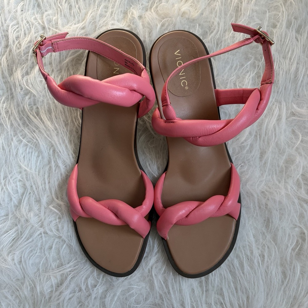 Vionic Angelica Sandals Sz 9 Puffy Twist Kitten Heel Sling Back Coral Leather